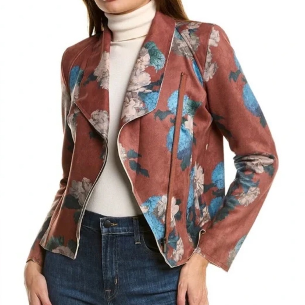 Elie Tahari Brown Floral Faux Suede Leather Moto Jacket Sz. S